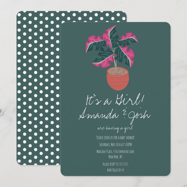 Invitation Monstera Tropical Points Verts Fille Baby Shower (Devant / Derrière)