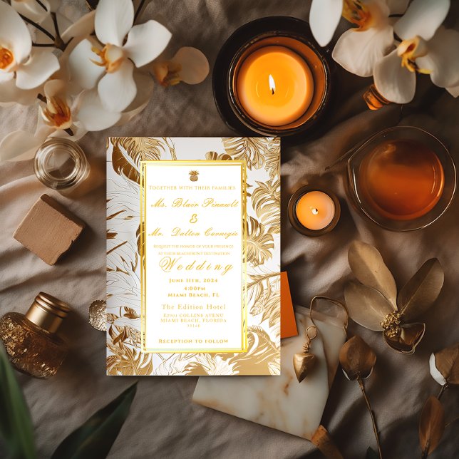 Invitation Monstère d'or doré de mariage de destination forme (Formal Elegant Gilded Gold Destination Wedding Tropical Invitation)
