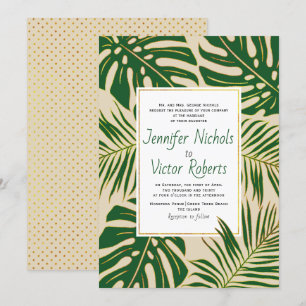Invitation Monstère tropicale et palmier feuille beige mariag