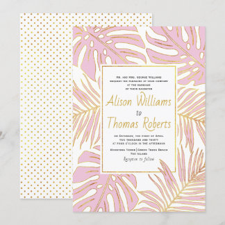 Invitation Monstère tropicale rose et palmier feuille mariage