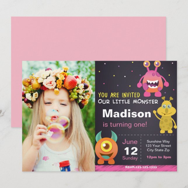 Invitation Monstre Rose avec photo (Devant / Derrière)