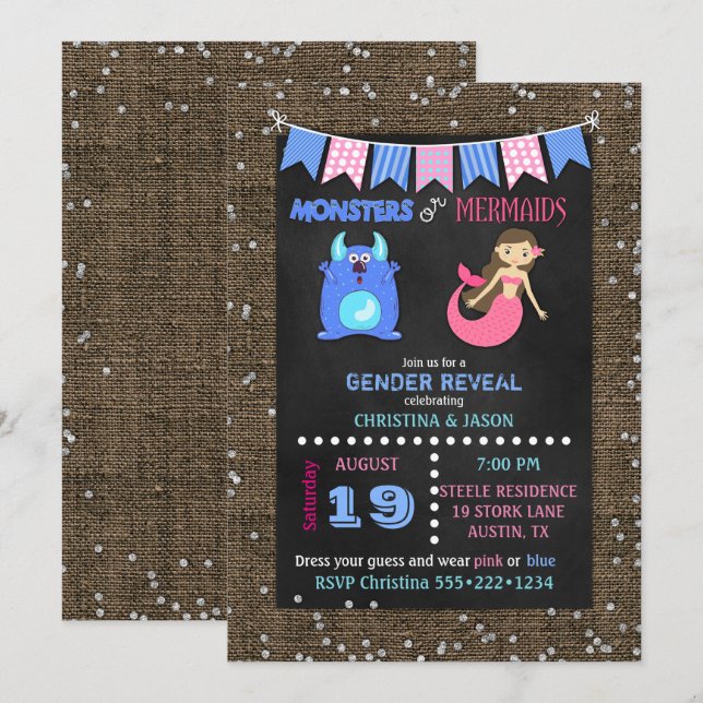 Invitation Monstres de tableau de bord ou sirènes Révélation  (Devant / Derrière)