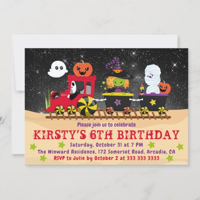 Invitation Monstres d'Halloween mignons Train Anniversaire (Devant)