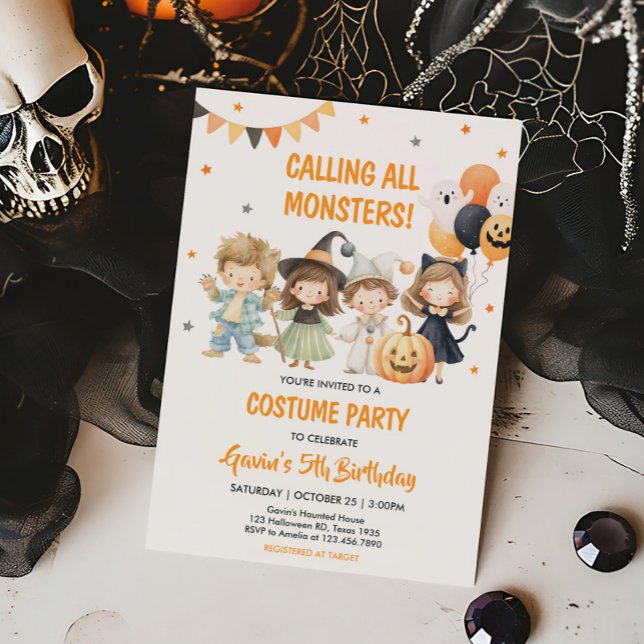 Invitation Monstres Spooktacular Halloween Costume Anniversai (Calling All Monsters Costume Halloween Birthday Party Invitation)