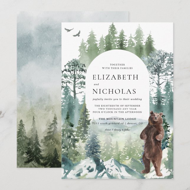 Invitation Montagne forestière rustique | Mariage de camping (Devant / Derrière)