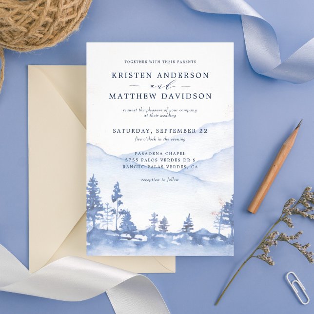 Invitation Montagne Russe Bois Aquarelle Mariage bleu (Watercolor woodland theme for a magical evening or an entire wedding weekend in the mountains.)