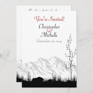 Invitation Montagne Silhouette Mariage noir, blanc et rouge