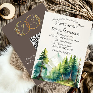 Invitation Montagnes à l'aquarelle, code QR et monogramme - M