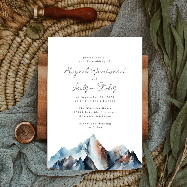 Invitation Montagnes Aquarelle Rustique Bleu Gris Rustique Ma (The perfect invitation choice for a rustic mountain wedding.)