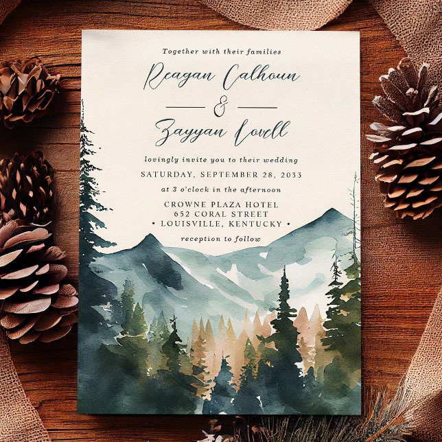 Invitation Montagnes Aquarelles Et Pins Calligraphie Mariage (Créateur téléchargé)
