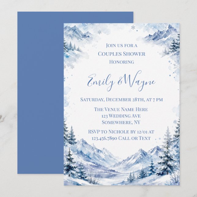 Invitation Montagnes Couples Douce Neige Aquarelle (Devant / Derrière)