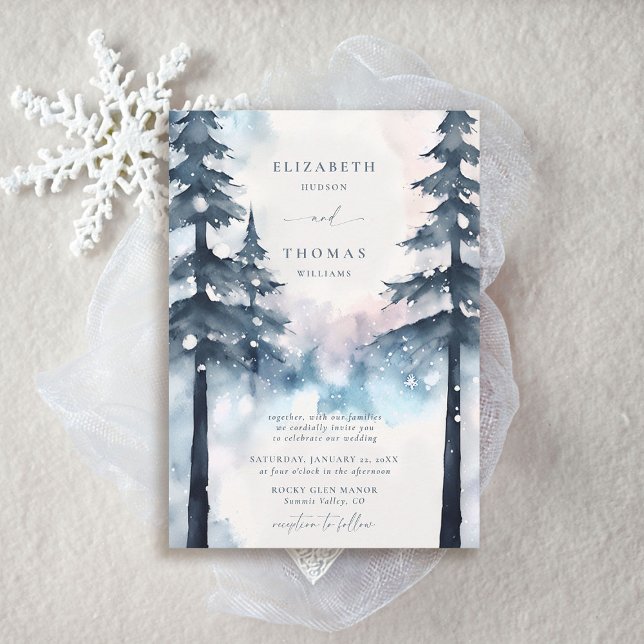 Invitation Montagnes d'hiver Pins des neiges Mariage élégant (winter wedding invitations rustic elegant chic mountains smoky blue silver snow pine trees forest)
