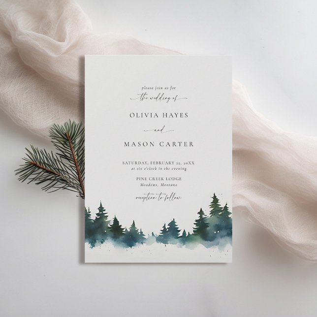 Invitation Montagnes Forêt Rustique Extérieur Moderne Mariage (mountains wedding invitation rustic outdoors forest pine scene watercolor elegant winter spring )