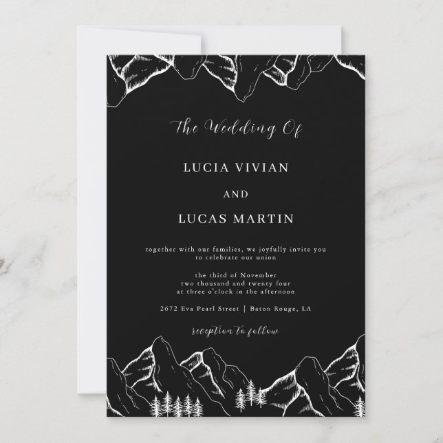 Invitation Montagnes Pine Tree QR Code Mariage noir (Devant)