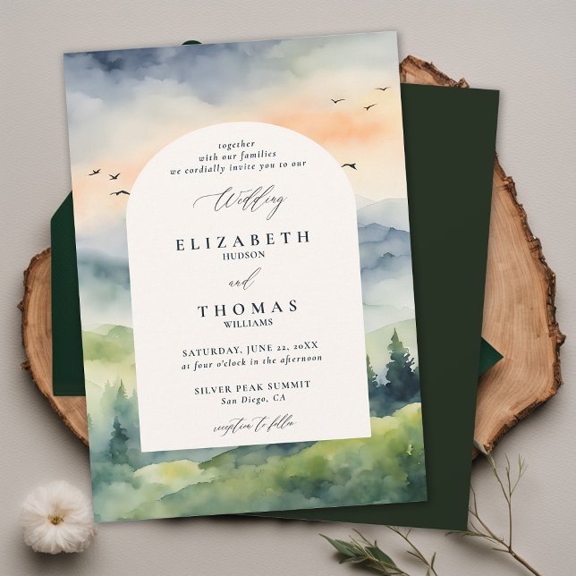 Invitation Montagnes Sunrise Dream Boho Mariage cadre (mountains wedding invitation romantic sunrise rustic outdoors forest pine birds landscape boho frame)