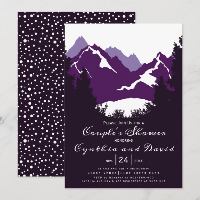 Invitation Montagnes violettes, conifères mariages couples do (Devant / Derrière)