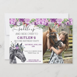 Invitation Monter à Cheval Amoureux Fleuris Violet Paillettes