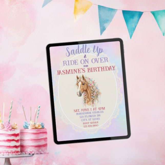 Invitation Monter à cheval, Aquarelle, Floral, Anniversaire d (Créateur téléchargé)