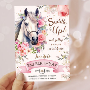 Invitation Monter à cheval Cheval 2e Anniversaire Fille Rose