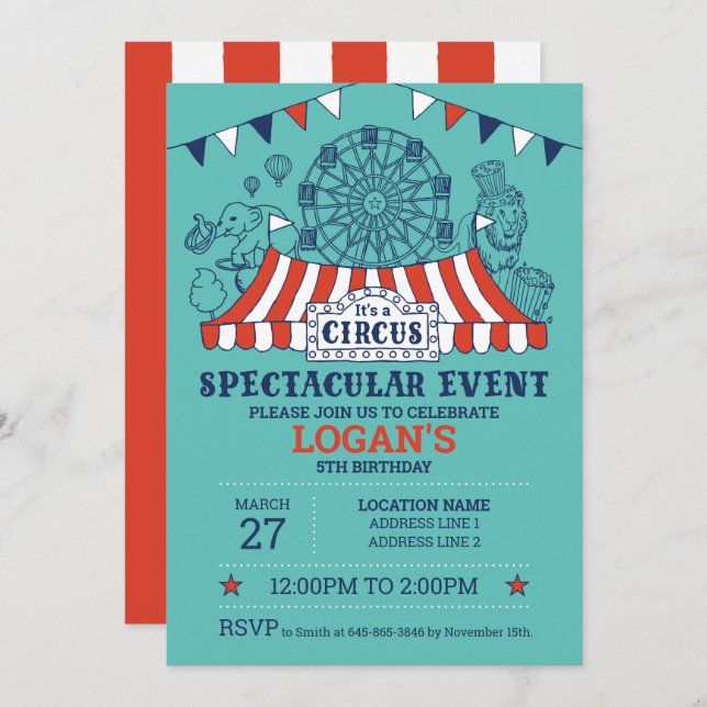 Invitation Montez ! Blue Editable Circus Anniversaire (Devant / Derrière)