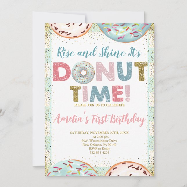 Invitation Montez et brille c'est Donut Time First Birthday (Devant)
