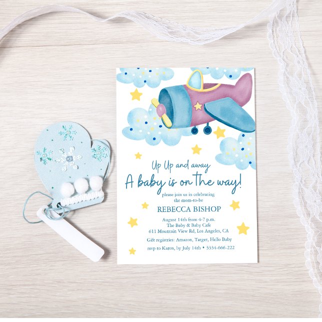 Invitation Montez et partez de l'avion violet bébé garçon dou (Créateur téléchargé)