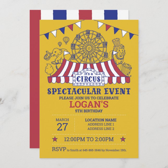 Invitation Montez ! Gold Editable Circus Anniversaire (Devant / Derrière)