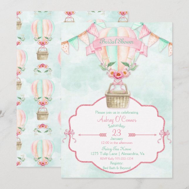 Invitation Montgolfière Aquarelle Rose Menthe Pêche (Devant / Derrière)
