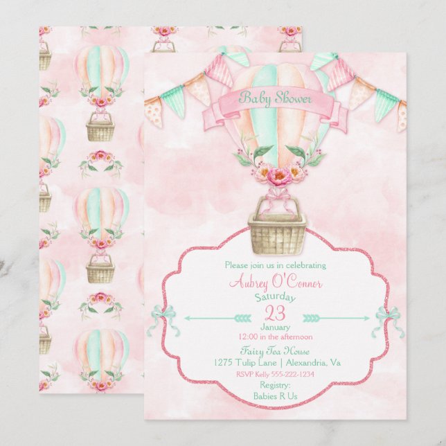 Invitation Montgolfière Aquarelle Rose Menthe Pêche (Devant / Derrière)