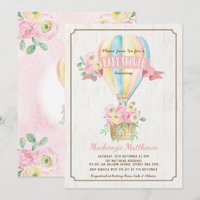 Invitation Montgolfière Chic Fleur Rose Fille Baby Shower (Devant / Derrière)