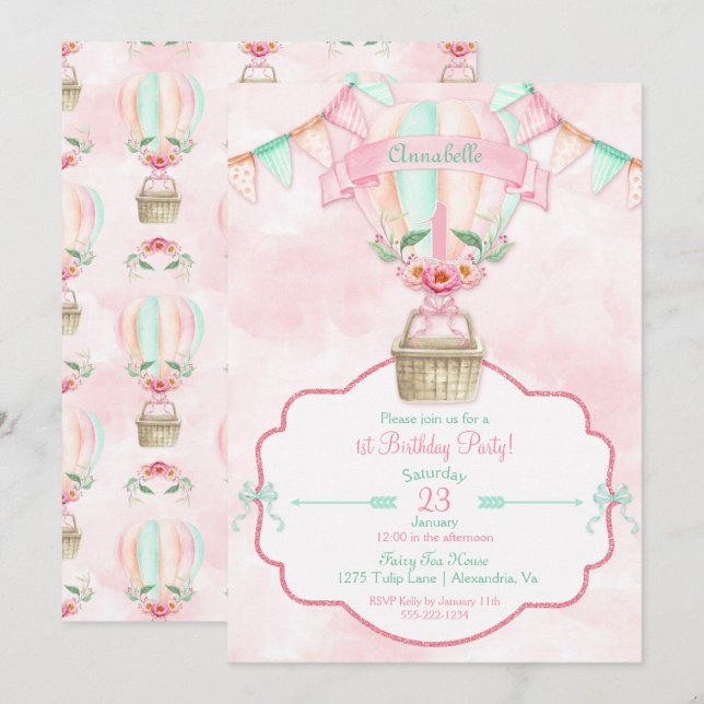 Invitation Montgolfière Premier Anniversaire Rose Menthe Pêch (Devant / Derrière)