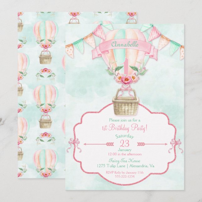 Invitation Montgolfière Premier Anniversaire Rose Menthe Pêch (Devant / Derrière)