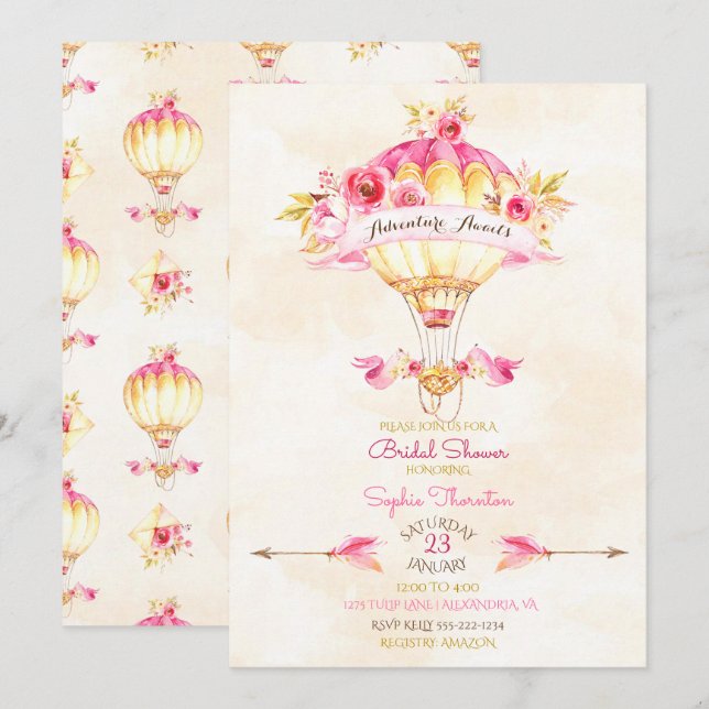Invitation Montgolfière Rose Or Jaune Flèches Roses (Devant / Derrière)
