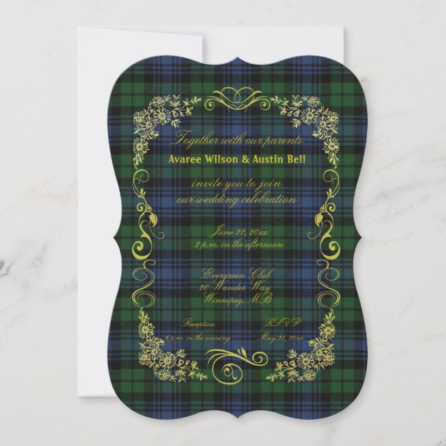 Invitation Montre Black Watch Ancient Tartan avec cadre doré  (Devant)