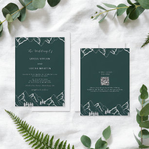 Invitation Monts Pine Tree Emerald Green QR Code Mariage