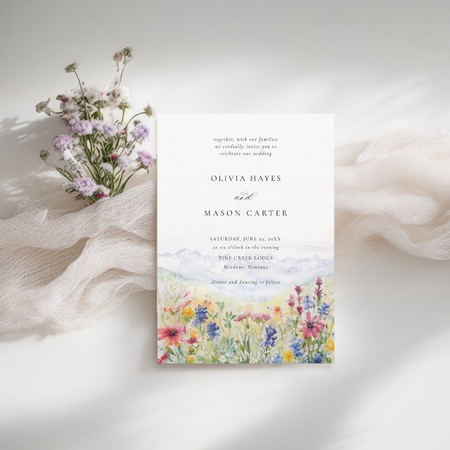 Invitation Monts Scène Rustique Meadow Fleur sauvage Mariage (mountains wedding invitation rustic outdoors wildflowers meadow scene watercolor spring summer)