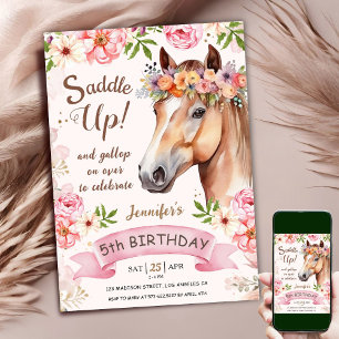 Invitation Monture Cheval Fleurs Rose Rose 5ème Anniversaire