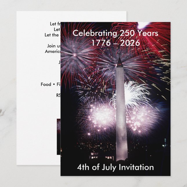 Invitation Monument Washington 250 Ans Fête du 4 Juillet (Devant / Derrière)