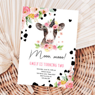 Invitation Moo Cow Girl Farm Animaux Deuxième fête d'annivers