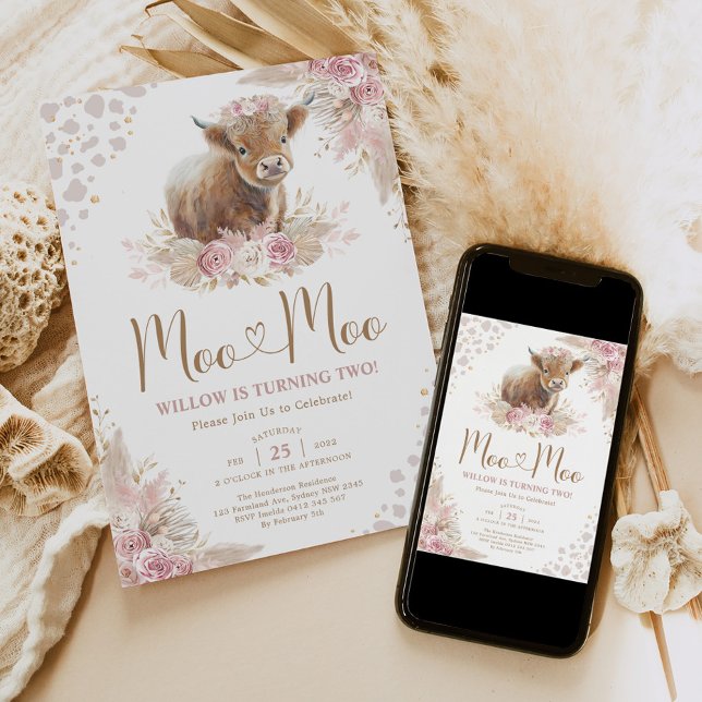 Invitation Moo Moo Boho Pampas Rose Highland Cow 2e anniversa (Créateur téléchargé)
