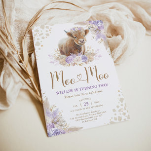 Invitation Moo Moo Boho Purple Highland Cow 2e anniversaire
