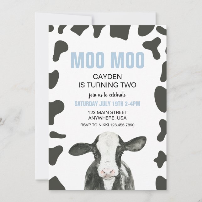 Invitation Moo Moo I'm turning TWO Plaid cow 2nd Birthday (Devant)