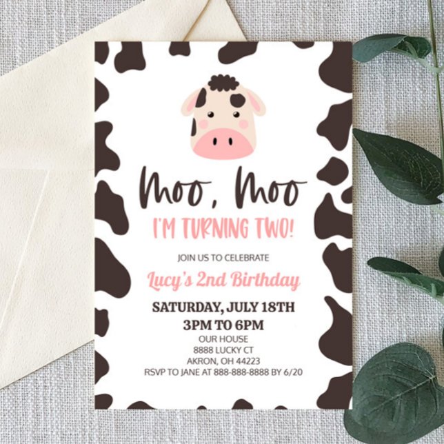Invitation Moo Moo I'm Turning Two ! Vache 2e fête d'annivers (Créateur téléchargé)