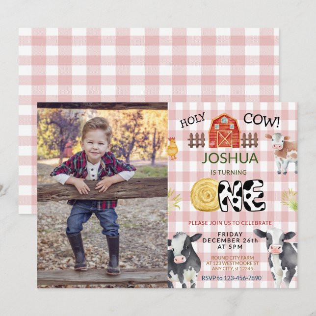 Invitation Moo Moo Im Two Cow 1e photo Anniversaire (Devant / Derrière)