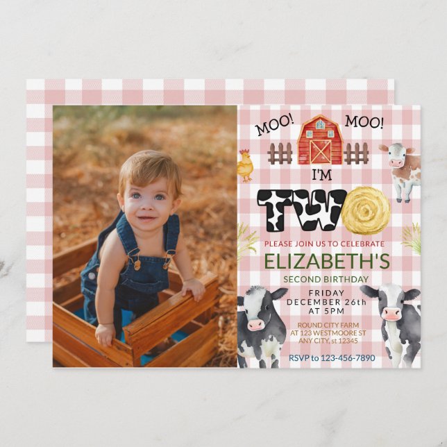 Invitation Moo Moo Im Two Cow 2e Photo Anniversaire (Devant / Derrière)