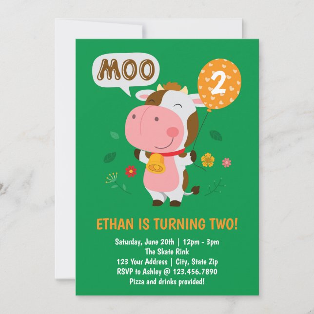 Invitation Moo Moo j'ai deux vaches 2e fête d'anniversaire (Devant)