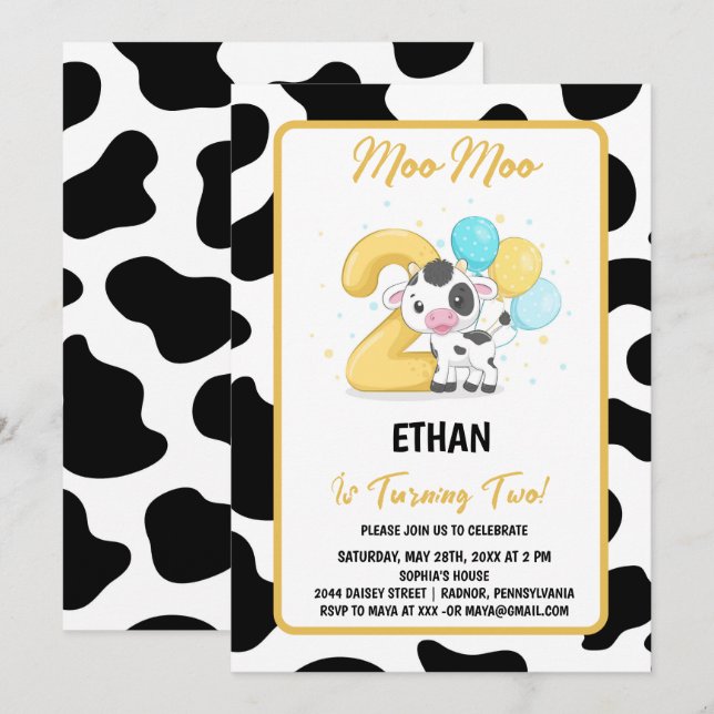 Invitation Moo Moo Je suis Deux Vaches 2e fête d'anniversaire (Devant / Derrière)