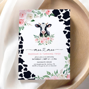 Invitation Moo Moo Je suis deux vaches florales roses fille 2