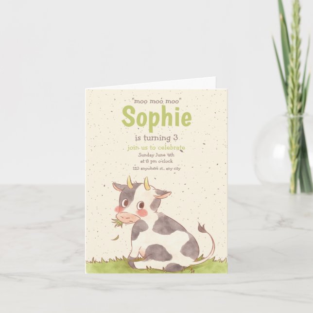 Invitation Moo Moo Moo Vert Mignon Anniversaire Vache Minimal (Devant)