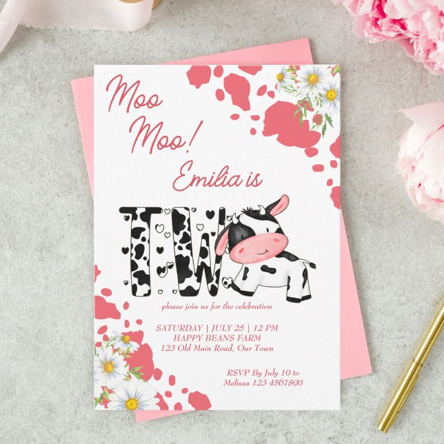 Invitation Moo moo rose motif mignonne fête d'anniversaire de (Créateur téléchargé)